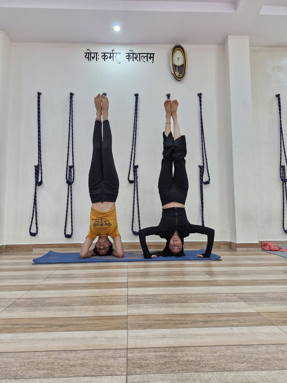 Priya practising headstand in the studio